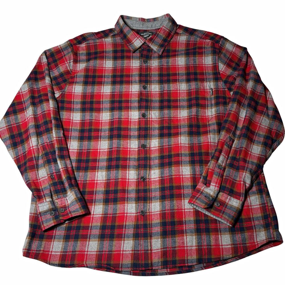 Eddie Bauer Mens 2XL Red Gray Blue Plaid Flannel Button Up Shirt Long Sleeve